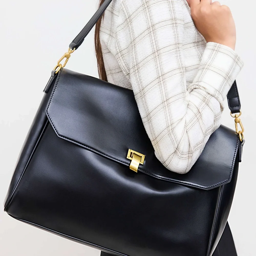 NWOT Elegant Black Vegan Leather Tote Bag